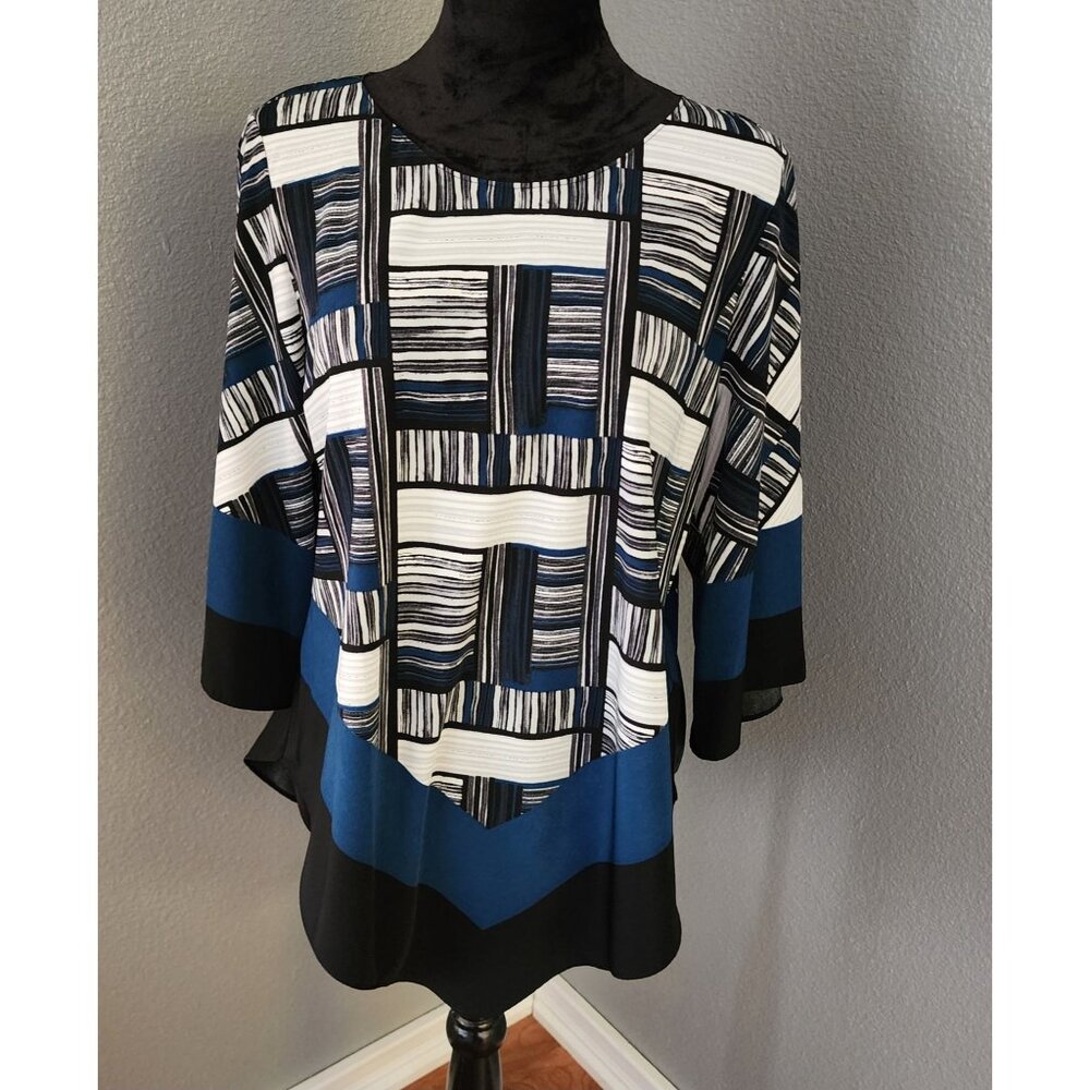 Alfani Blouse Womens PXL Geometric Asymmetrical Black White‎ Blue 3/4 Sleeve